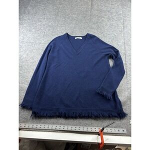 SUBTLE LUXURY Women's S/M V-Neck Fringe Tunic Sweater 100% Cashmere Blue HOLES*